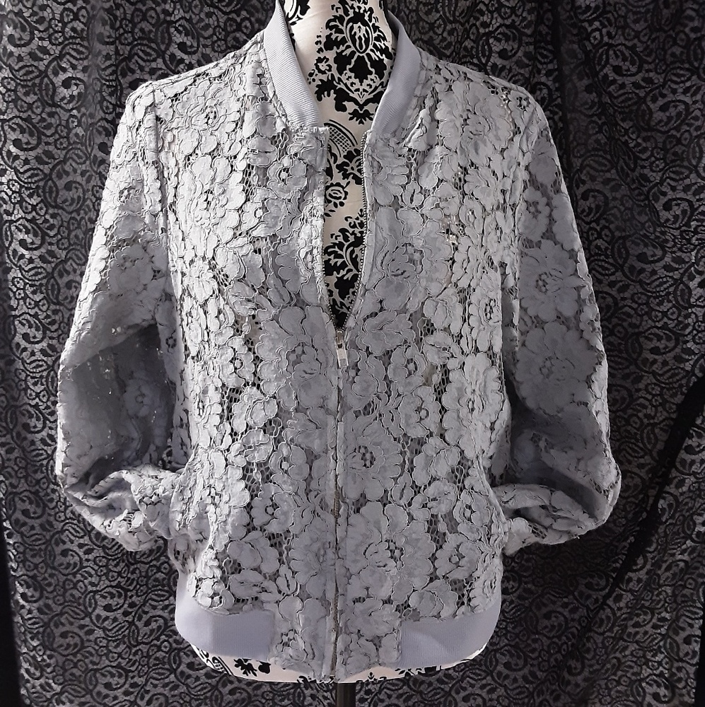 SCALLOPED LACE ZIPPER BOMBER JACKET XL